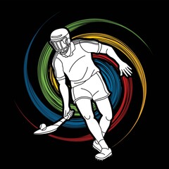 Hurling sport player action. Irish Hurley sport cartoon graphic vector.