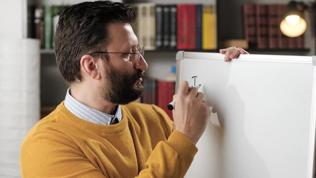 Online education and distance learning concept. Male English teacher talking and looking at camera and writing English words on white magnetic marker board, man is at workplace at home or in office