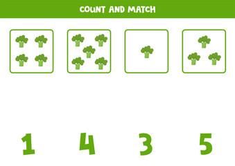 Count all broccolis and match with correct answer. Educational math game for kids.
