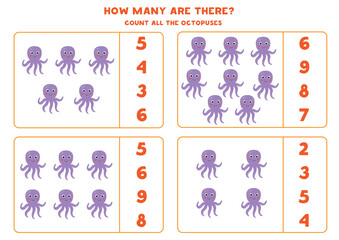 Fototapeta na wymiar Counting game for kids. Count all octopuses. Worksheet for children.