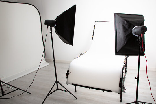studio photographer white table setup and interior equipment for product object picture photo in isolated background