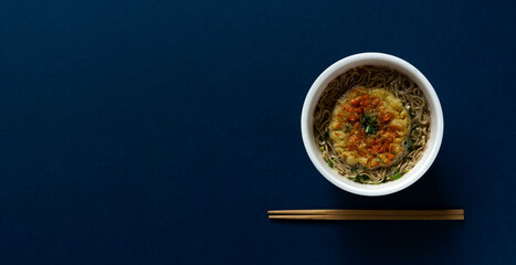 Buckwheat cup noodles or instant noodles. Year-end food, Japanese food, Japan, simple meal, etc.そばのカップ麺、インスタント麺。年越しそば、和食、日本など