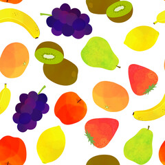 Fruit seamless pattern illustration (white background, vector, watercolor)