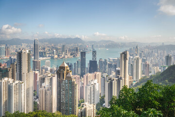 scenery of Hong Kong's Victoria Harbour and skyscraper buildings cityscape from Victoria Peak