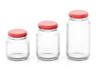Empty glass jars with red lids isolated on white background. 3D illustration