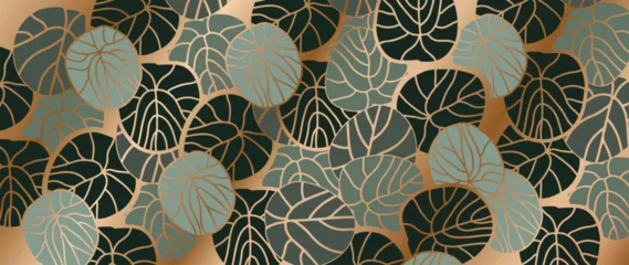 Fotobehang Luxury gold lotus leaves background vector. Tropical leaf wallpaper design.  © TWINS DESIGN STUDIO