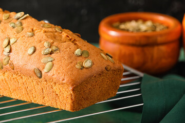 Tasty pumpkin pie on table, closeup