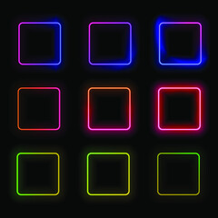 Vector Neon Gradient Ultraviolet Color Square Frames Set Isolated on Black Background, Glowing in the Dark, Signs Collection.
