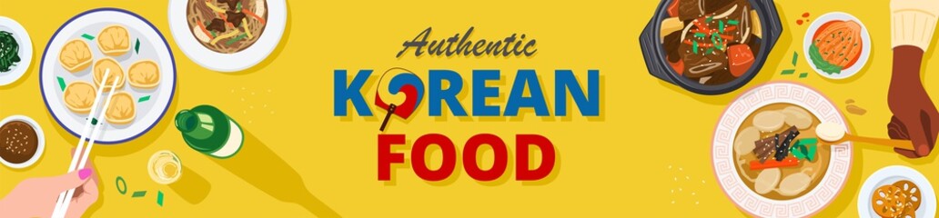 Top view of people enjoying Korean food together