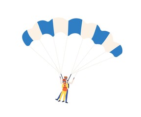 Professional parachutist instructor skydive with woman. Paraglider trainer jump with female character. Extreme activity. Flat vector cartoon illustration of couple of skydivers isolated on white.