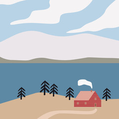 Scandinavian landscape red house, sea, winter, mountains, hills, fjord, pine trees Minimalist Nordic nature illustration vector