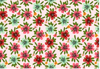 
Lovely vector seamless pattern with tropical flowers and leaves. Botanical background for beautiful fabrics. Digtle illustration with floral designs