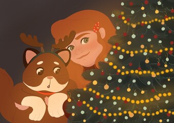 Christmas traditions girl and cat