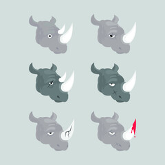 Set of african rhinoceros in different poses cartoon animal design flat vector illustration isolated on white background