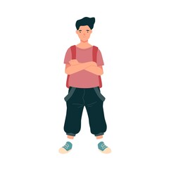 Modern teenage student standing with backpack. Portrait of cute preschool kid. Adolescent pupil with crossed hands. Flat vector cartoon illustration of cheerful schoolboy isolated on white