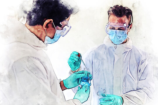 Abstract young men scientist testing corona virus vaccine and checking in lab room on watercolor illustration painting background.