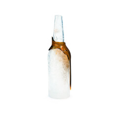 Bottle made of clean, transparent, natural ice isolated on white background. Broken glass on the bottle, ice drink