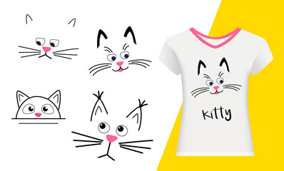 Set Faces of cute cats on a white background. Funny Kawaii animal. Vector cartoon Illustration in flat. For printing on cup, t-shirts or Greeting card.