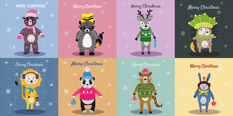 Christmas Animals Card Set cute bear, cat, lion, panda, hedgehog, raccoon, deer, rabbit. Hand drawn collection characters illustration vector