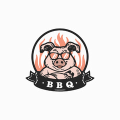 Rustic Badge Logo of Pig Mascot for BBQ Vector Illustration