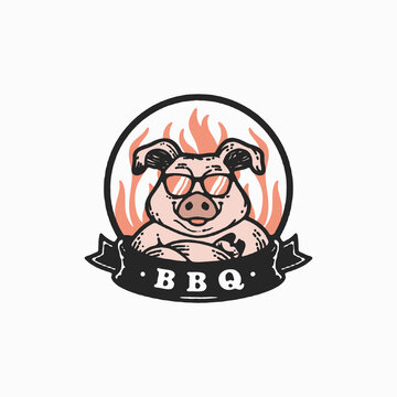 Rustic Badge Logo of Pig Mascot for BBQ Vector Illustration