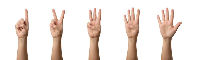 Woman hands counting from one to five. Set of the gestures for communication
