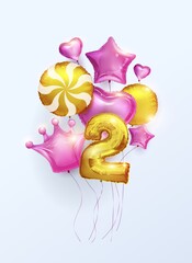 Elegant congratulations on the celebration of 2 years since the birth. Anniversary number two foil balloon for girls with stars, hearts, crown. Happy birthday, greeting poster. Vector