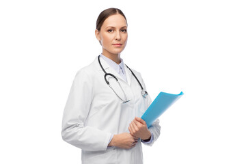 medicine, profession and healthcare concept - female doctor in white coat with folder and stethoscope