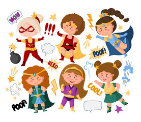 Superhero cartoon girls in super costumes, speech bubbles, signs, isolated vector clipart on white background, cute female superhero comic books kids characters, childish illustration set