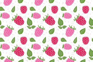 Vector illustration colourful seamless pattern raspberry and leaves. Doodle cute style object on white background.