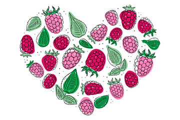 Vector illustration colourful raspberries and leaves in the shape of a heart. Doodle cute style object on white background.