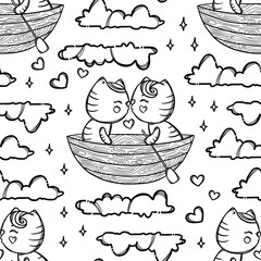 CUTE KITTIES IN BOAT Kissing And Float On The Clouds Valentine Day Cartoon Hand Drawn Monochrome Seamless Pattern Vector Illustration For Print