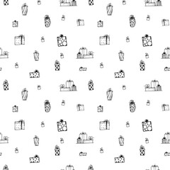 doodle gifts pattern isolated on white. perfect background for holidays design. cards, invitation, wrapping paper,  home textile, packaging