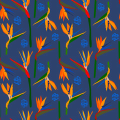 Elegance seamless pattern with Strelitzia flowers. Vector design for textile, fashion, paper, packaging and branding