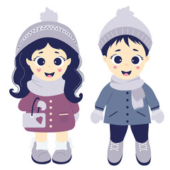 Kids winter. A couple of children - a boy and a girl in winter clothes - a hat, scarf, coat, gloves and boots. Vector illustration. Cute baby collection