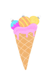 Christmas balls in a waffle Cup like ice cream balls drawing digital