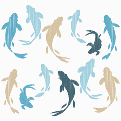 Chinese or Japanese seamless pattern Koi. Carp. Design with manual hatching. Textile. Vector illustration for web design or print.