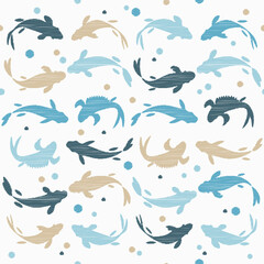 Chinese or Japanese seamless pattern Koi. Carp. Design with manual hatching. Textile. Vector illustration for web design or print.