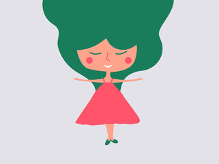 Happy woman stands with open arms. A young girl does morning stretching. Smiling female character enjoying her freedom and life. Vector