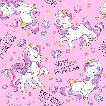 Art. Seamless unicorns pattern on pink background. Fashion illustration print in modern style for clothes and fabrics.