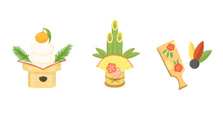 正月素材のセット（色鉛筆風）