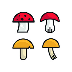 Set cartoon mushrooms vector illustration isolated on white background. Chanterelle, honey fungus, amanita muscaria, boletus, oyster, parasol mushroom.
