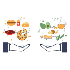 Illustration of food variety, HDL, LDL meal.