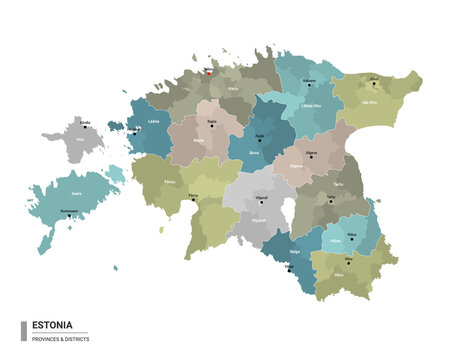 Estonia higt detailed map with subdivisions. Administrative map of Estonia with districts and cities name, colored by states and administrative districts. Vector illustration.