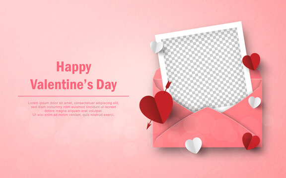 Heart shape paper and blank photo frame with envelope, Happy Valentine's Day