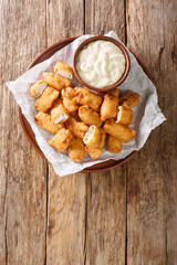 Dutch Kibbeling Deep Fried Battered Fish Pieces with remoulade sauce closeup in the plate on the table. Vertical top view above