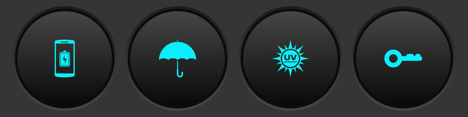 Set Smartphone battery charge, Umbrella, UV protection and Key icon. Vector.