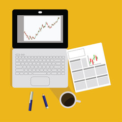 Illustration of computer and candle graph report.