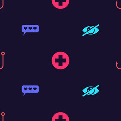 Set Invisible or hide, Like and heart, Medical cross in circle and Fishing hook on seamless pattern. Vector.
