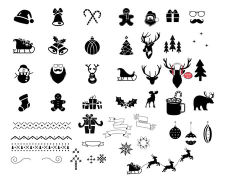 Christmas icons and elements set. Silhouette files for cricut bundle woth santa, christmas tree, deer, socks and so on. Holiday symbols for Xmas decor designs. Stock illustration